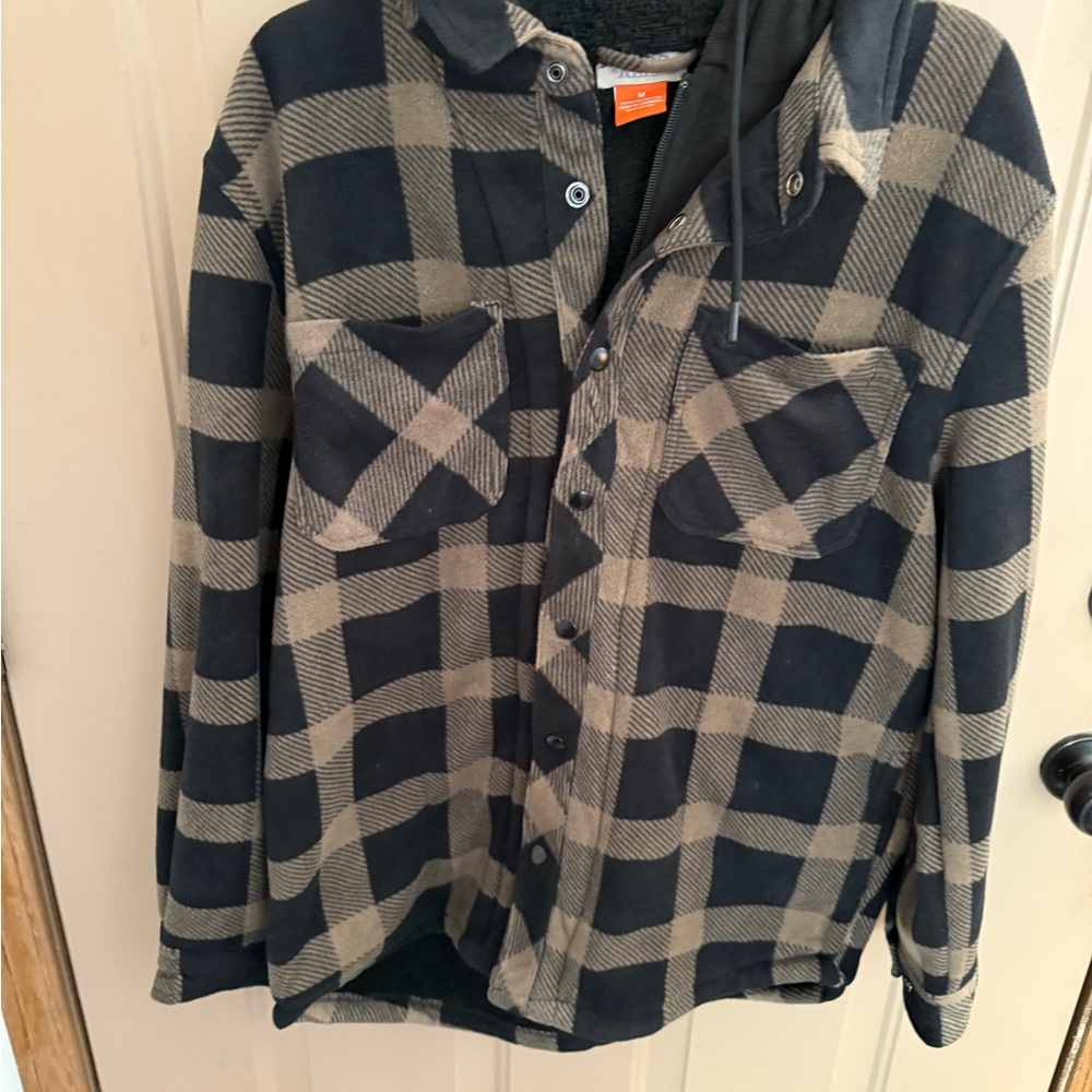 Men's Black and Beige Plaid Button Down Shirt with Hood.